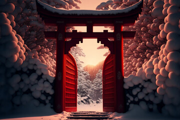 Isolated Asian Temple Architecture with Open Snowy Red Gate and Inside Light: Generative AI