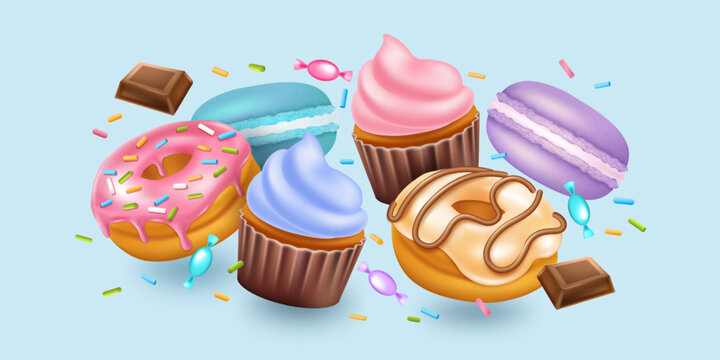 3d sweet candy, cupcakes and donuts, chocolate and macaron. Bakery 3d isolated elements. Decoration on doughnut and cake, cute desserts composition for party. Vector realistic banner
