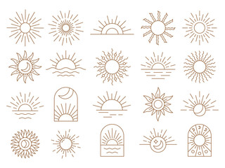 Sun boho logo, yoga icons. Sunset and moon celestial line elements, mystic zodiac eye, magic bohemian rainbow. Outline abstract elegant logotype. Bohemian golden minimal vector illustration