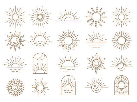 Sun boho logo, yoga icons. Sunset and moon celestial line elements, mystic zodiac eye, magic bohemian rainbow. Outline abstract elegant logotype. Bohemian golden minimal vector illustration