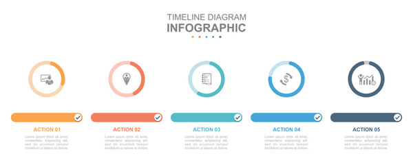 Infographic business template. 5 Steps Modern Timeline diagram with percent pie chart. Concept presentation.