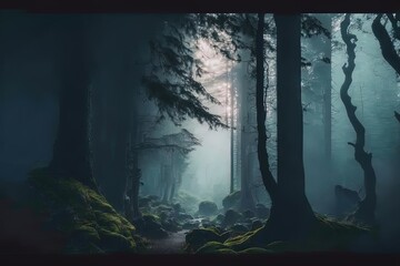 Obraz premium A dreamy and misty forest scene with a peaceful and serene atmosphere, perfect for a nature hike or a tranquil escape generative ai