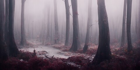 A dreamy and misty forest scene with a peaceful and serene atmosphere, perfect for a nature hike or a tranquil escape generative ai