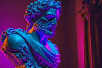 Sculpture of an abstract greek deity, done in the colors and style of vaporwave-era city pop art. Generative AI
