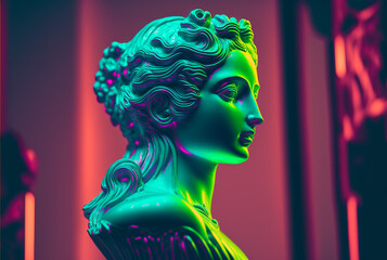 Naklejka premium Sculpture of an abstract greek deity, done in the colors and style of vaporwave-era city pop art. Generative AI