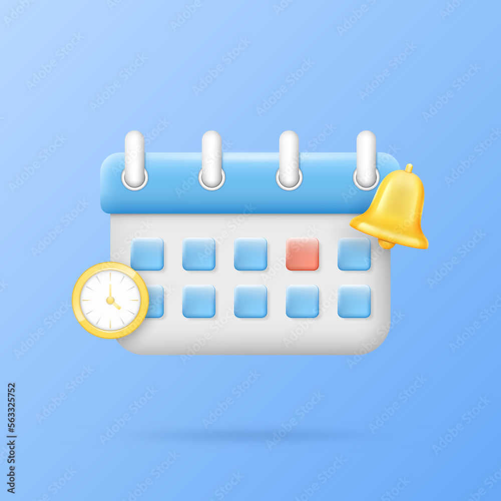 Poster 3d calendar icon. event time schedule. clock and notice bell. date notification or reminder. agenda 