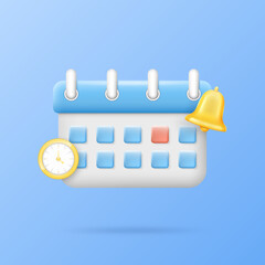 3D calendar icon. Event time schedule. Clock and notice bell. Date notification or reminder. Agenda planning. Alert object. Goals remember app. Month timetable. Vector illustration