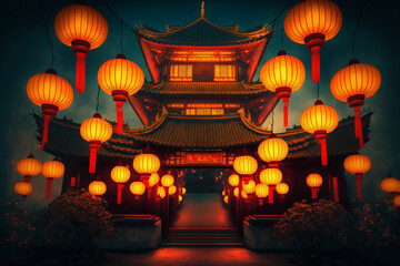 Digital Art of a Traditional Chinese Temple Illuminated for Festivals: Generative AI