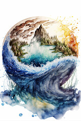 Aquarelle de la terre submergé par les vagues, effets du réchauffement climatique, IA générative (2) - obrazy, fototapety, plakaty