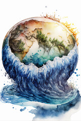Aquarelle de la terre submergé par les vagues, effets du réchauffement climatique, IA générative (1) - obrazy, fototapety, plakaty