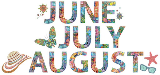 JUNE JULY AUGUST. Vector zentangle object for decoration for any purpose