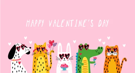 Fototapeten Valentine's day cute animals set with dog, cat, rabbit, crocodile and  tiger. Childish print for cards, stickers, apparel and decoration © girafchik