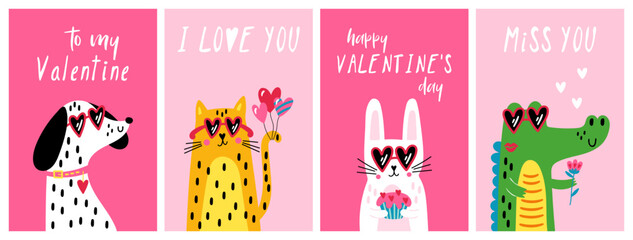 Valentine's day cute animals greeting card set with dog, cat, rabbit and crocodile. Childish print for cards, invitations and decoration
