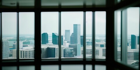 Executive corner office in a high rise, showing view of the city below. 