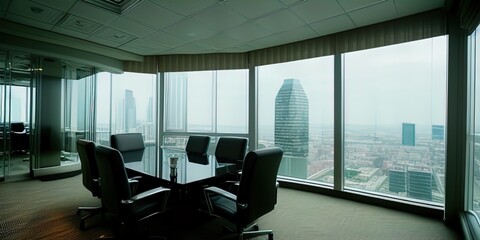 Executive corner office in a high rise, showing view of the city below. 