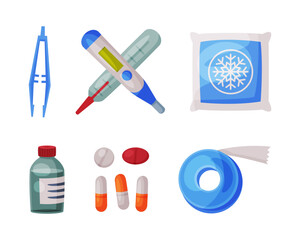 Medical Care and Treatment with Forceps, Thermometer, Ice, Vial, Tablets and Tape Vector Set