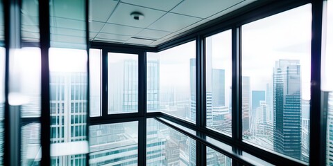 Executive corner office in a high rise, showing view of the city below. 