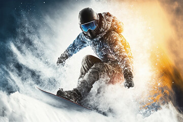 Winter sports, snowboarding. Snowboarder on the slope, close up low angle view. AI generative - obrazy, fototapety, plakaty