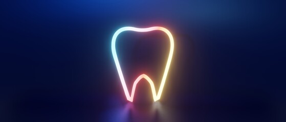 ダーク背景の横長バナー）ネオンカラーに光る歯のアイコン。夜間営業の歯医者のコンセプト