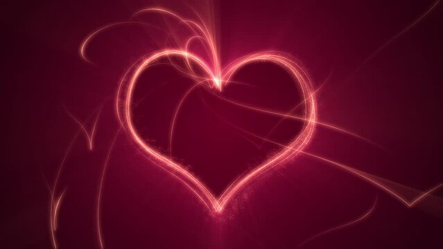 Glowing golden neon heart with flowing particles and swirling light beams on dark red. This romantic Valentine's Day background is full HD and a seamless loop.
