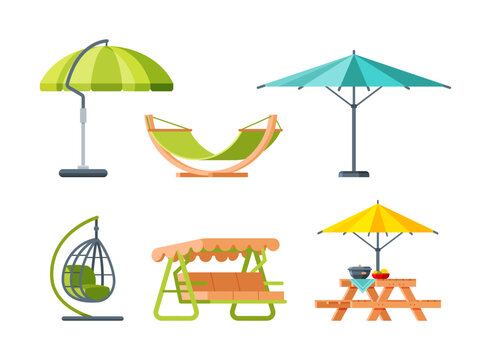 Backyard or Patio Furniture for Relax with Garden Bench, Hammock, Table and Umbrella Vector Set