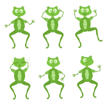 Funny alien man of green color. Range of different emotions. Set in vector