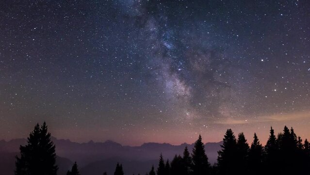 Milky Way timelapse over mountains and trees in the morning
