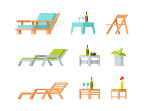 Backyard or Patio Furniture for Relax with Garden Wooden Table, Deck Chair and Flowerpot Vector Set