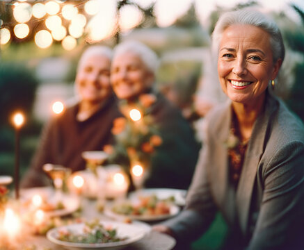 seniors gathered around a table in the garden. A beautiful senior woman smiles at the camera