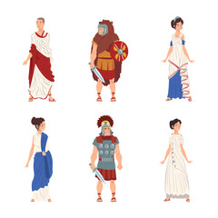 Ancient Roman People Characters with Soldier and Noble Citizens in Long Tunic Vector Set