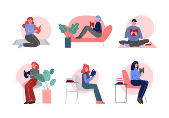 People Characters Reading Book Sitting Vector Set
