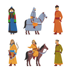 Mongol Nomad Characters in Traditional Clothing Vector Set