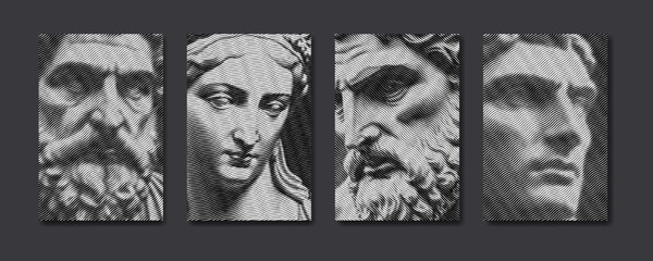 Antique greek statues in engraved line pattern. Renaissance sculpture in modern guilloche design. Roman statue faces, textured artwork. Vector illustration for poster, cover, wall art, banner - obrazy, fototapety, plakaty