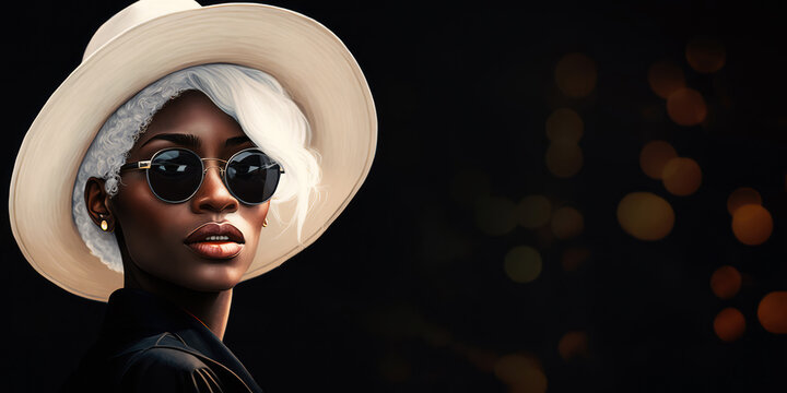 Beautiful Black Woman With White Hair A Hat And Sunglasses On Dark Background And Space For Text - Generative AI