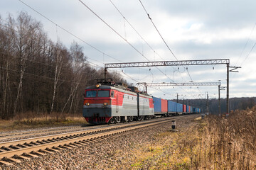 railway freight train. locomotive close up. Russian Railways