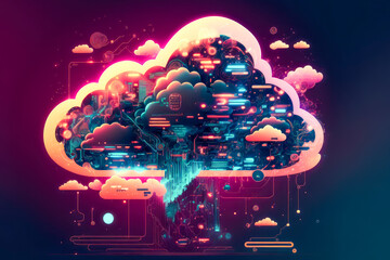 Obraz premium Cloud computing technology concept with synthwave cyberpunk style. Futuristic illustration. AI generative