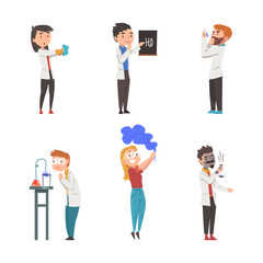 Man and Woman Scientist in Lab Coat with Flask Conducting Scientific Research Vector Set