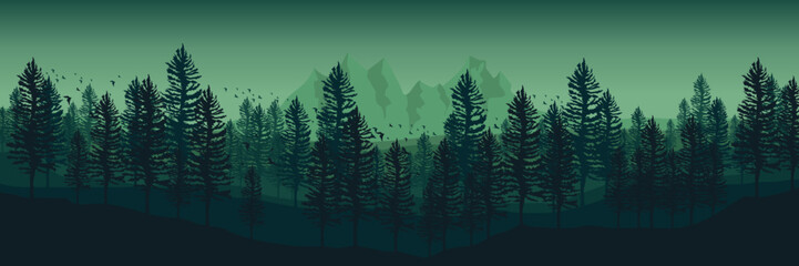 green forest mountain landscape silhouette vector illustration good for wallpaper, background, backdrop, banner, print, and design template