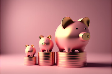 Piggy bank and golden stack coins of growing graph