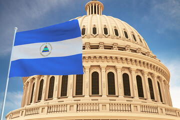 Beautiful flag of NICARAGUA waving with the strong wind and behind it the dome of the Capitol USA 3D RENDER, 3D RENDERING.