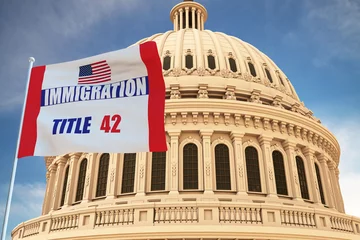 Papier Peint photo Etats Unis Beautiful flag of the United States of America TITLE 42 IMMIGRATION waving with the strong wind and behind it the dome of the Capitol USA 3D RENDER, 3D RENDERING.