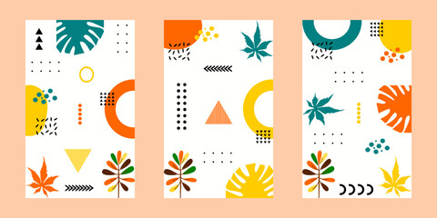  Modern abstract covers set. Cover design backgrounds vector with memphis style. Trendy editable template. Suitable for social media stories post templates, brochure, backdrop, banner, flyer.