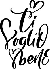 I love you on Italian Ti Voglio Bene. Black vector calligraphy lettering wedding text with heart. Holiday quote design for valentine greeting card, phrase poster