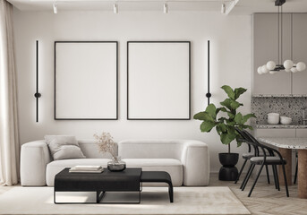 Mockup poster frame on the wall of living room. Luxurious apartment background with contemporary design. Modern interior design. 3D render, 3D illustration.