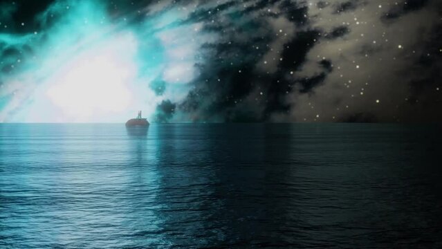 3D illustration. God hovered over the water, it was dark in the depths, then God spoke, let there be light and there was light.