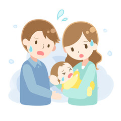 泣いている赤ちゃんに困っている若い夫婦のイラスト