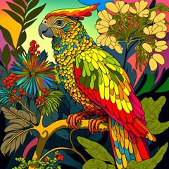 Parrot in 60s psychedelic style, central composition, decorative fantastic bird on vibrant abstract jungle, psychedelic background. AI generative art, AI generated illustration.