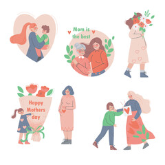 Happy Mothers Day with Kid Congratulating Mom Giving Flower Bouquet and Embracing Her Vector Set