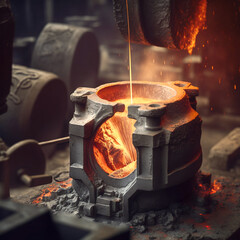 Metal casting in foundry, metallurgy, steel industry. Producing iron components in steel plant. Generative AI
