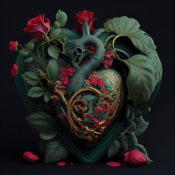Gothic Valentine still life. AI generative, AI generated illustration. Anatomic heart with roses